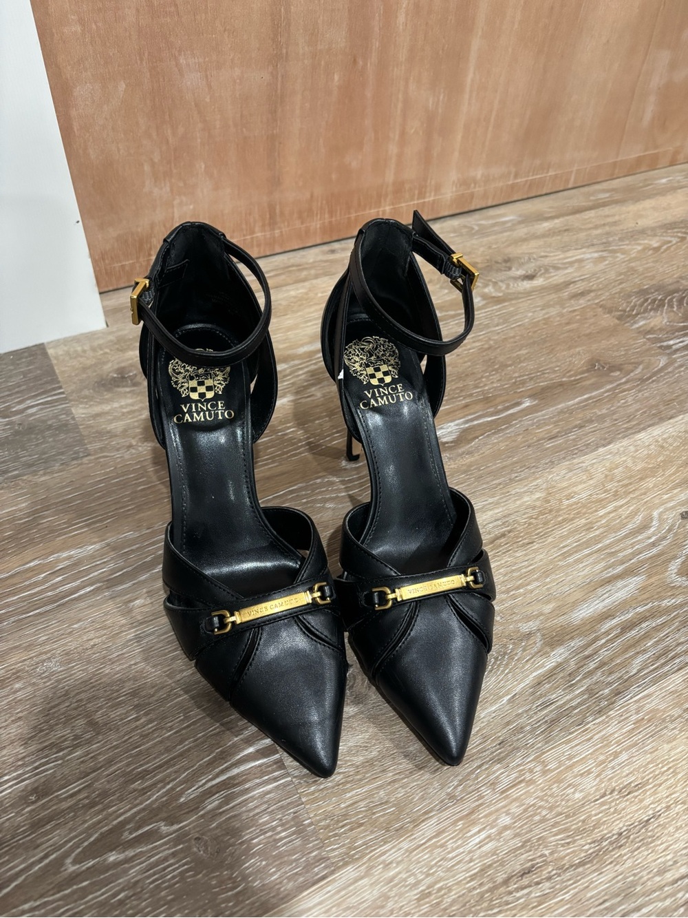 Vince Camuto Black Pointed Ankle-Strap Leather Heels with Gold Accent
